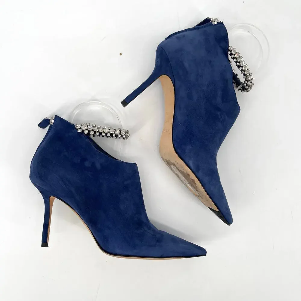 Jimmy Choo Blaize 100 Navy Blue Suede Ankle Bootie Crystal Strap size IT 37